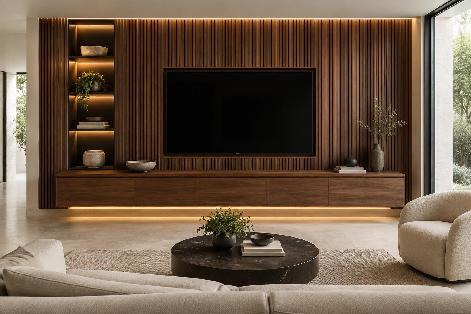 Bespoke walnut media wall with inset fire and built-in TV in a North East living room